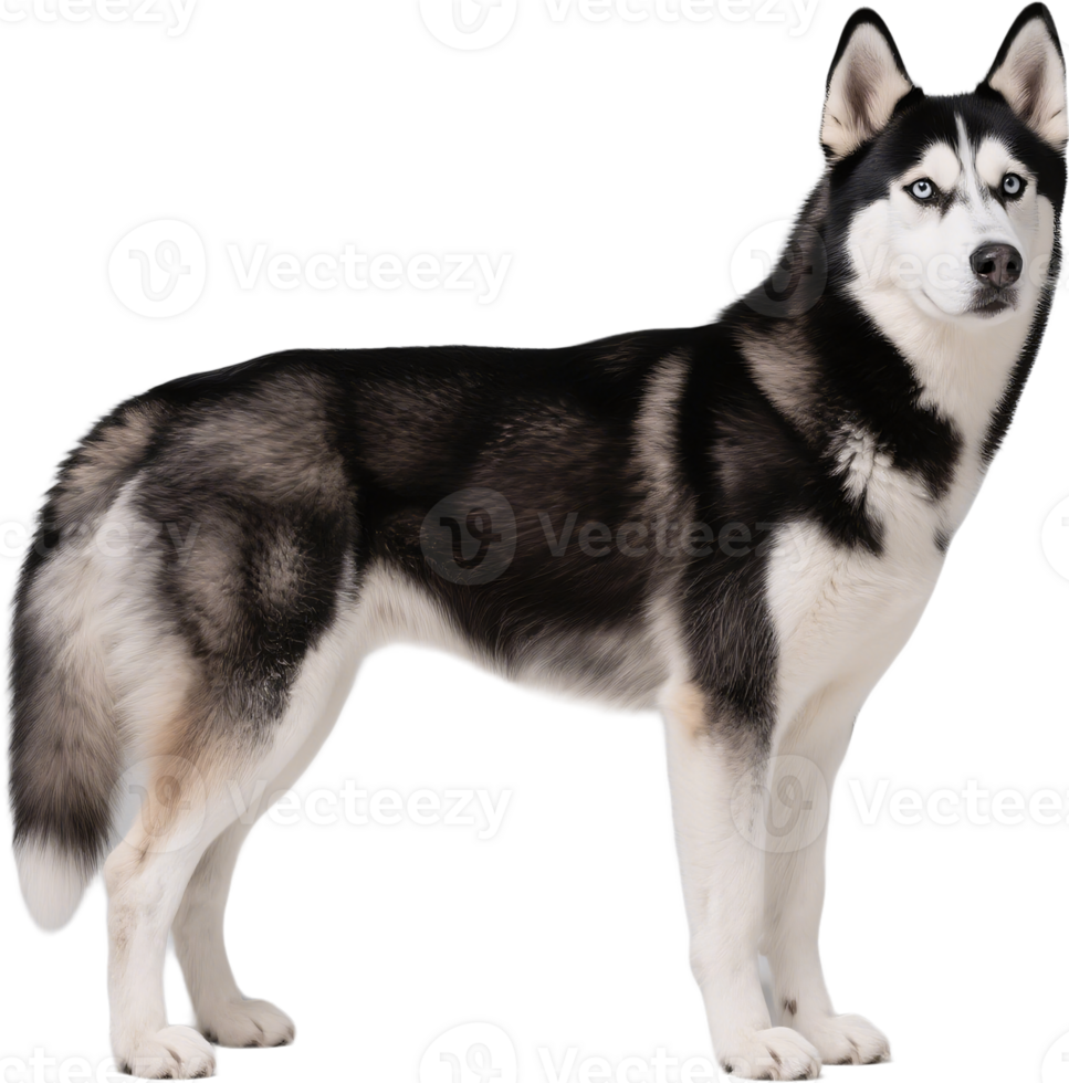 Siberian husky standing while directly looking at the camera with focused blue eyes and a proud expression png
