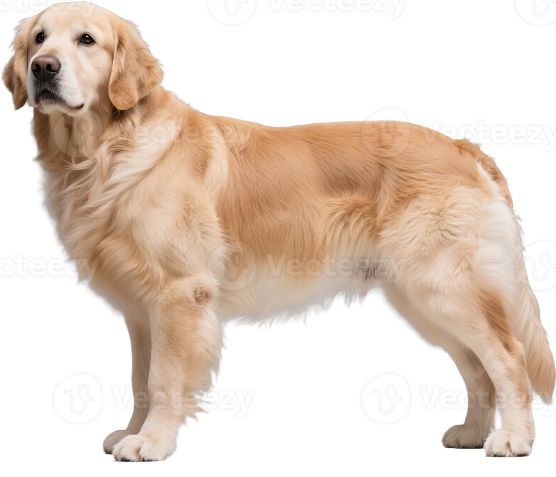 Golden retriever standing tall with relaxed posture and calm eyes in a sunlit outdoor setting png