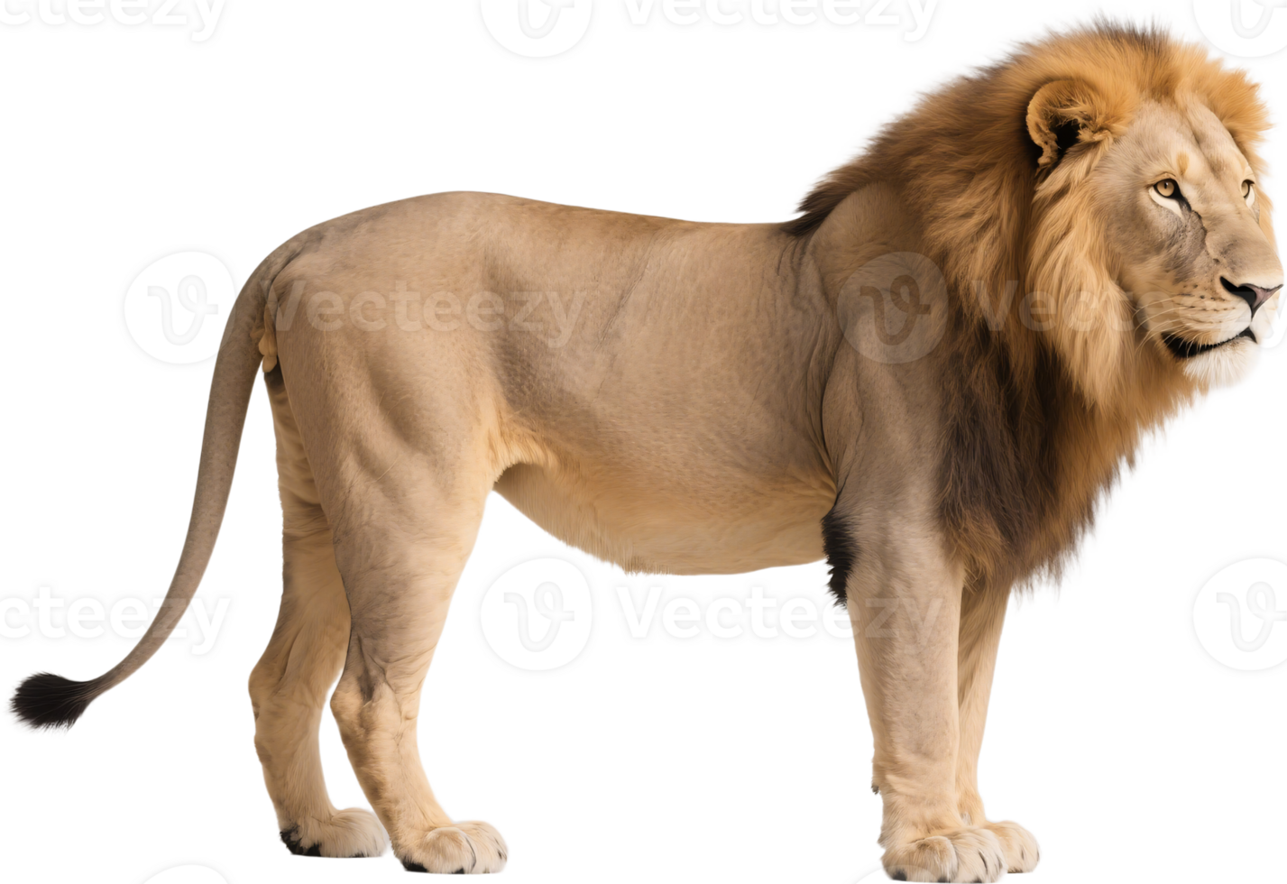 A lion stands tall in profile with a majestic mane glowing under soft sunlight png