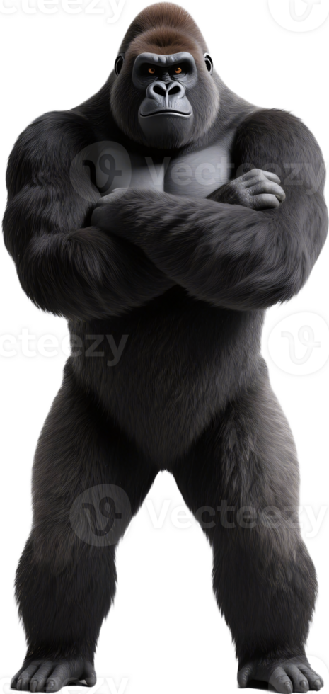 A gorilla stands upright like a human with arms crossed radiating power against 100 men png