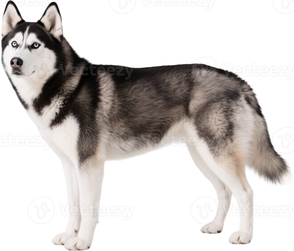 Siberian husky standing confidently with its fur coat glistening and alert posture in the outdoors png