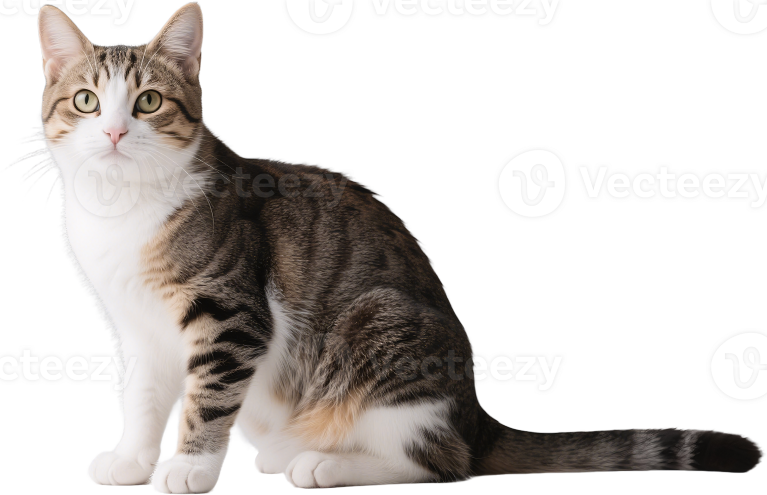 A white and gray domestic cat stares into the camera with wide eyes and perked ears png