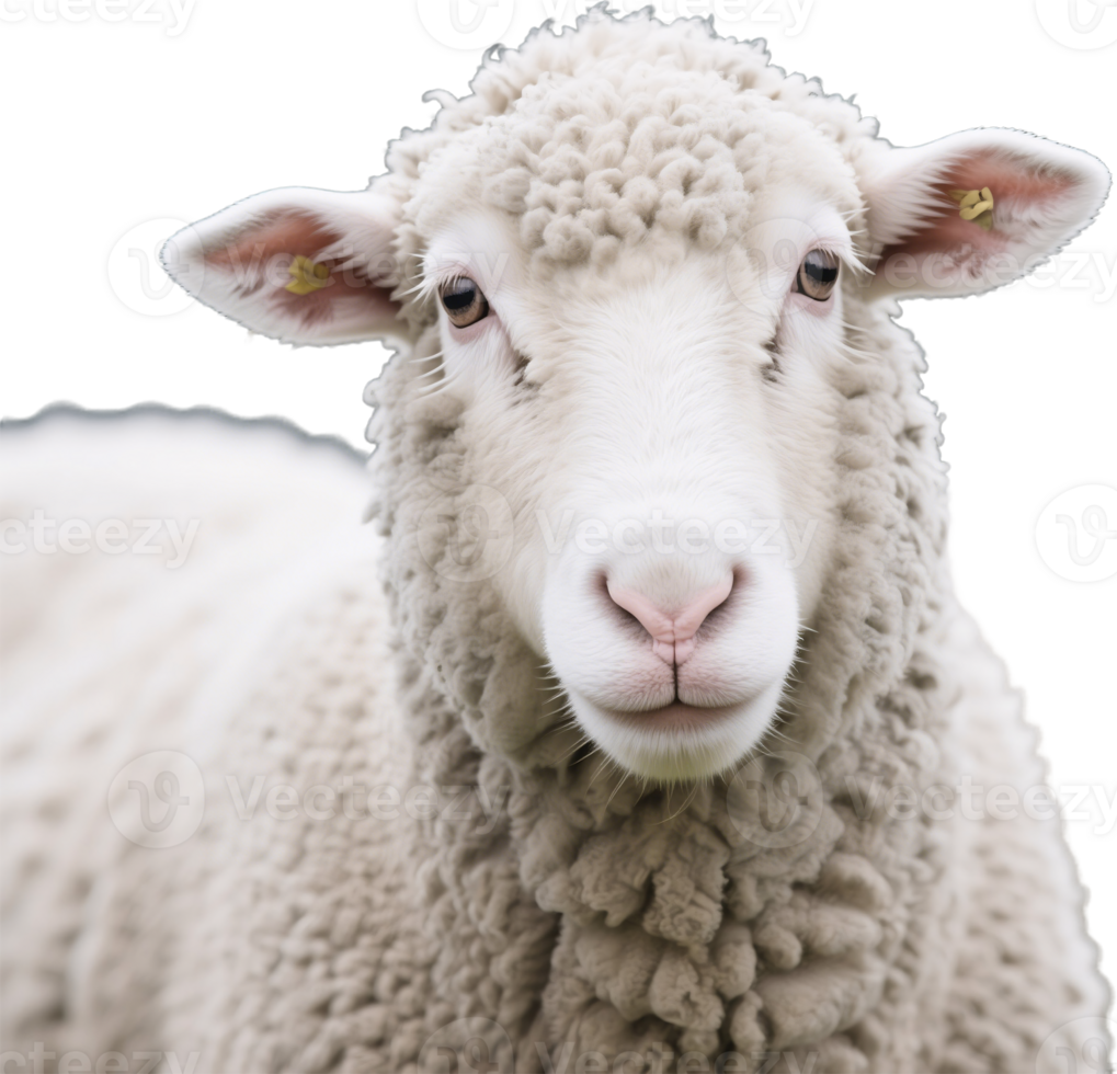 Close up shot of a sheep face with gentle eyes and curly wool expressing softness and innocence png