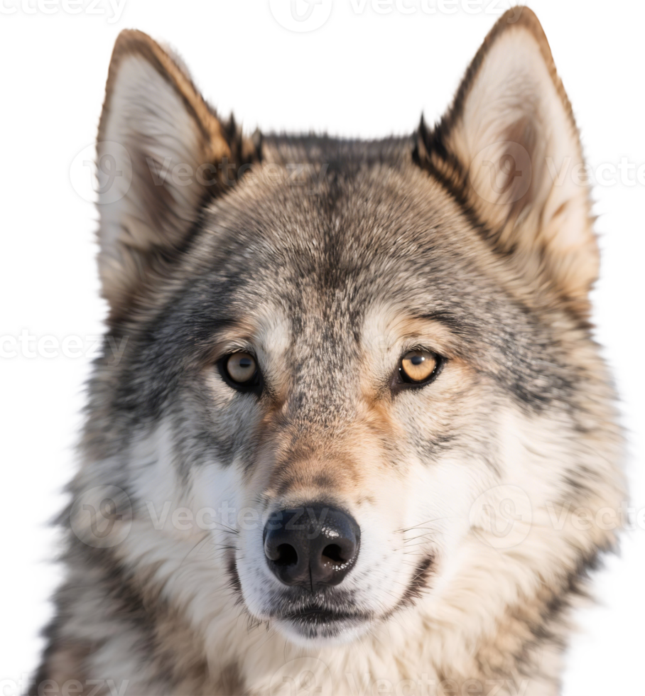 A close up of a wolf face with intense yellow eyes grey fur and an expression of calm dominance png