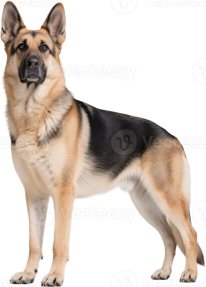 German shepherd standing still and looking at the camera with intense eyes and a focused serious expression png