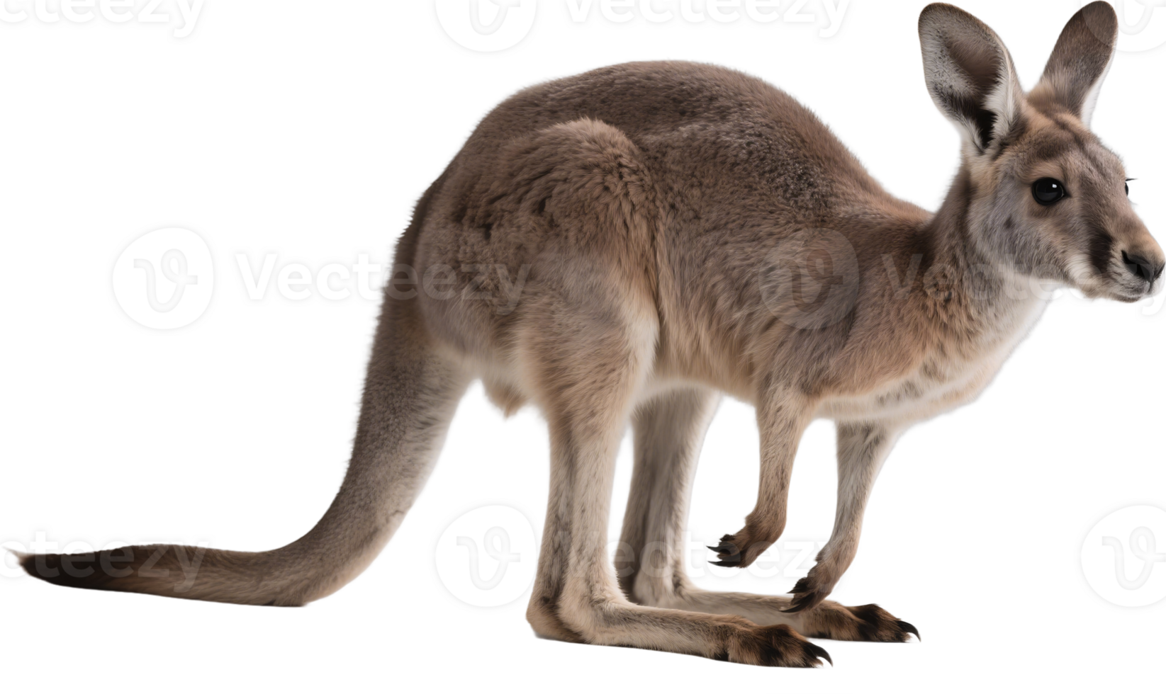 A kangaroo in full side view standing upright with strong legs long tail and focused expression png