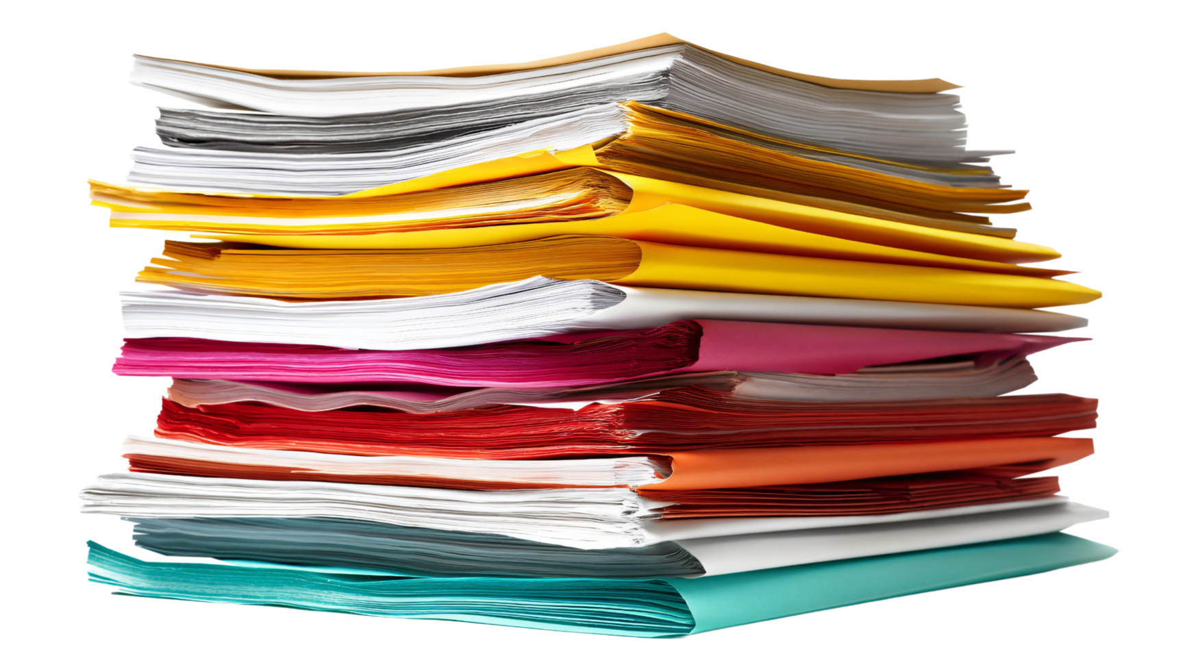 Large pile stack of colorful business documents, folders, and paperwork, isolated on transparent background png