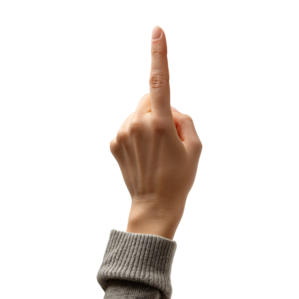 Female hand pointing upward with index finger, back view behind, isolated on transparent background png
