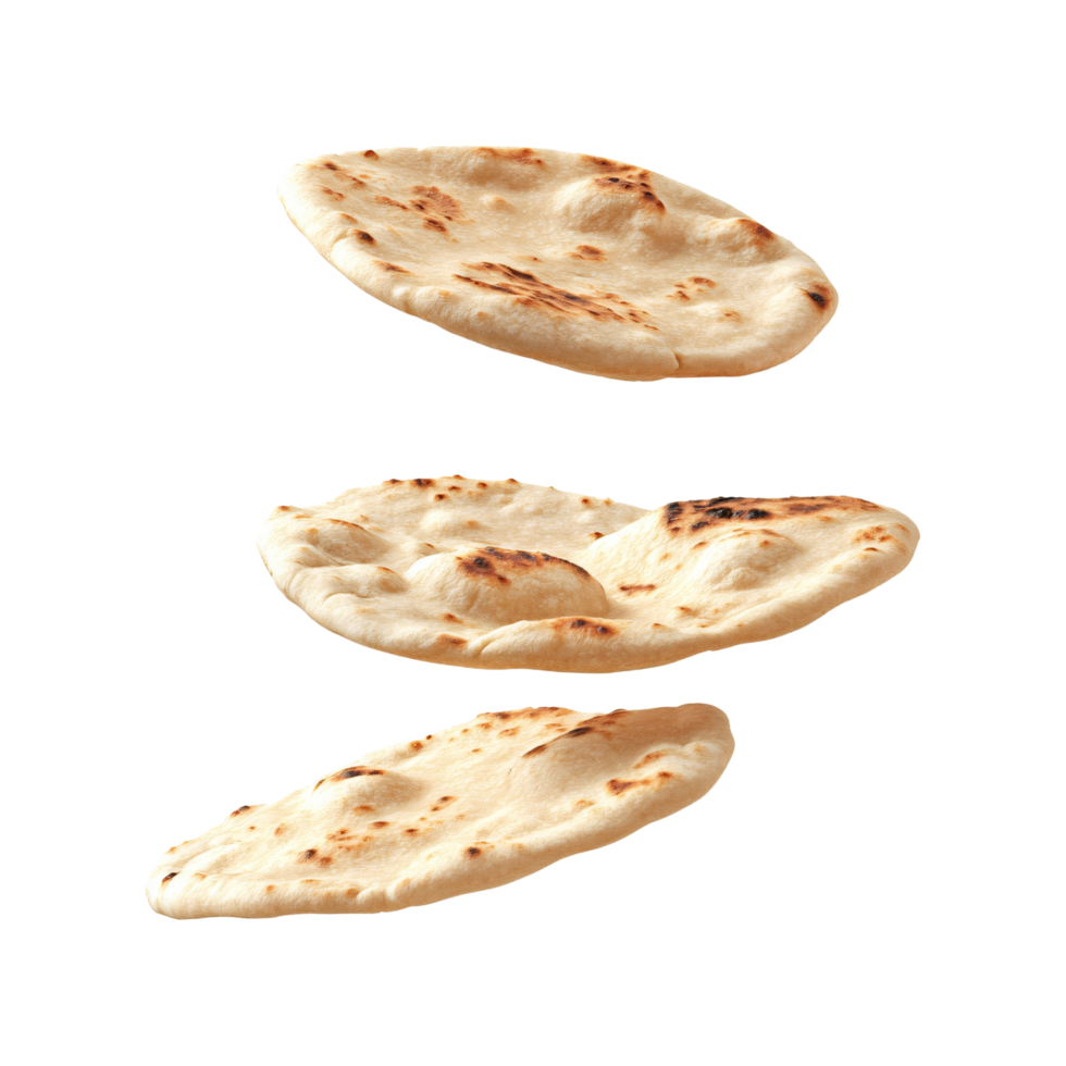 Stack of naan flat breads falling isolated on transparent background png