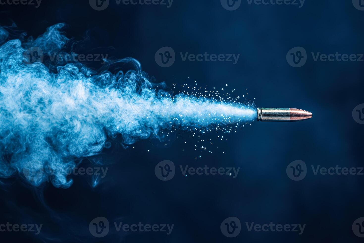 Bullet is shot into the air, leaving a blue smoke trail behind it photo