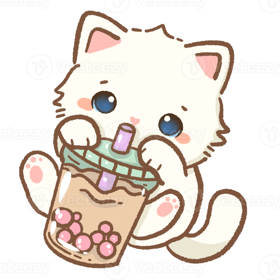 kawaii white cat drinking a boba tea Hand drawn illustration pink summer pastel color isolated on transparent background, nursery decorations, summer png