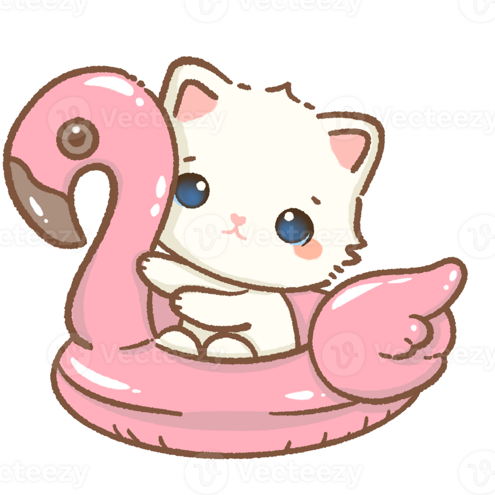 kawaii white cat on a pink flamingo floatie Hand drawn illustration pink summer pastel color isolated on transparent background, nursery decorations, summer png