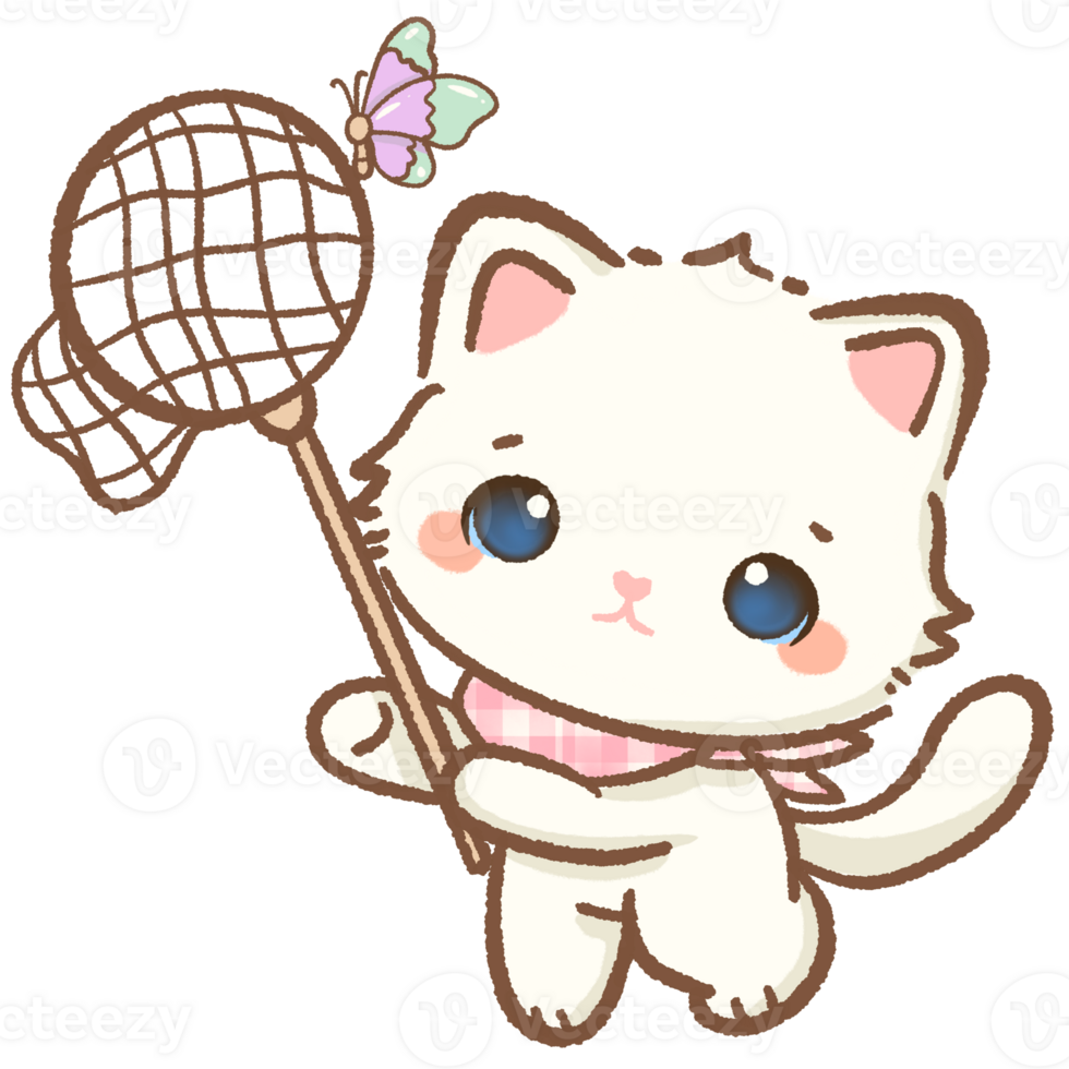 kawaii white cat trying to catch a buttefly Hand drawn illustration pink summer pastel color isolated on transparent background, nursery decorations, summer png