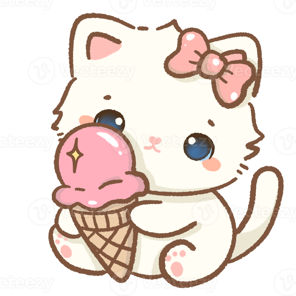 kawaii white cat eating a pink ice cream Hand drawn illustration pink summer pastel color isolated on transparent background, nursery decorations, summer png