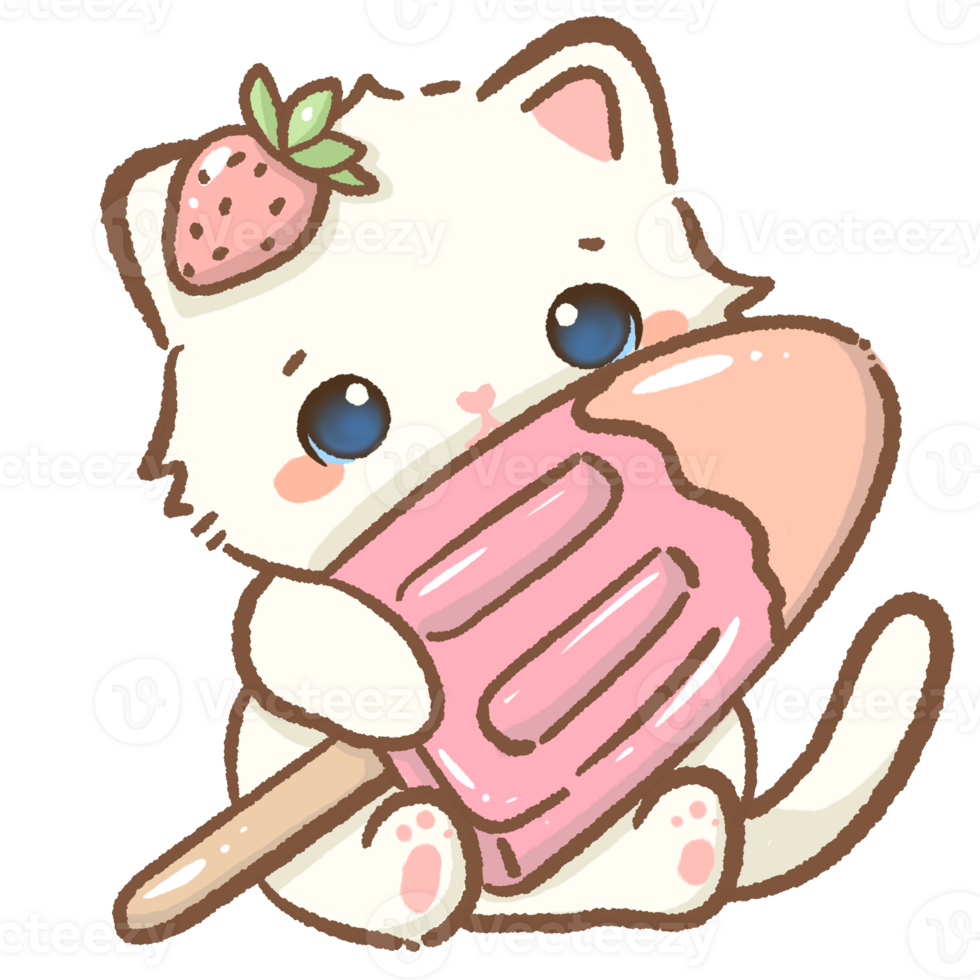 kawaii white cat holding a giant popsicle Hand drawn illustration pink summer pastel color isolated on transparent background, nursery decorations, summer png