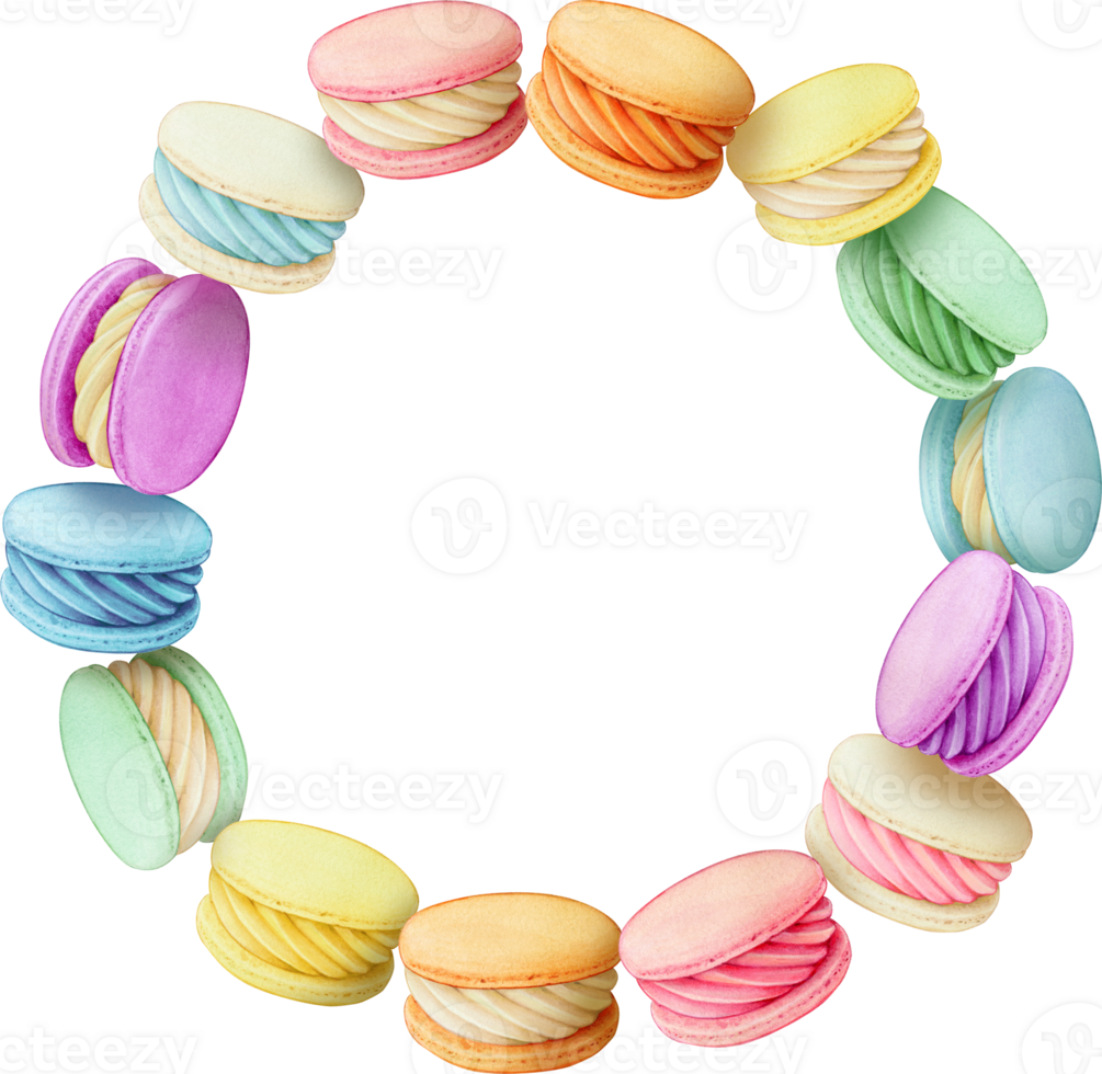 Watercolor hand drawn realistic macaron wreath png