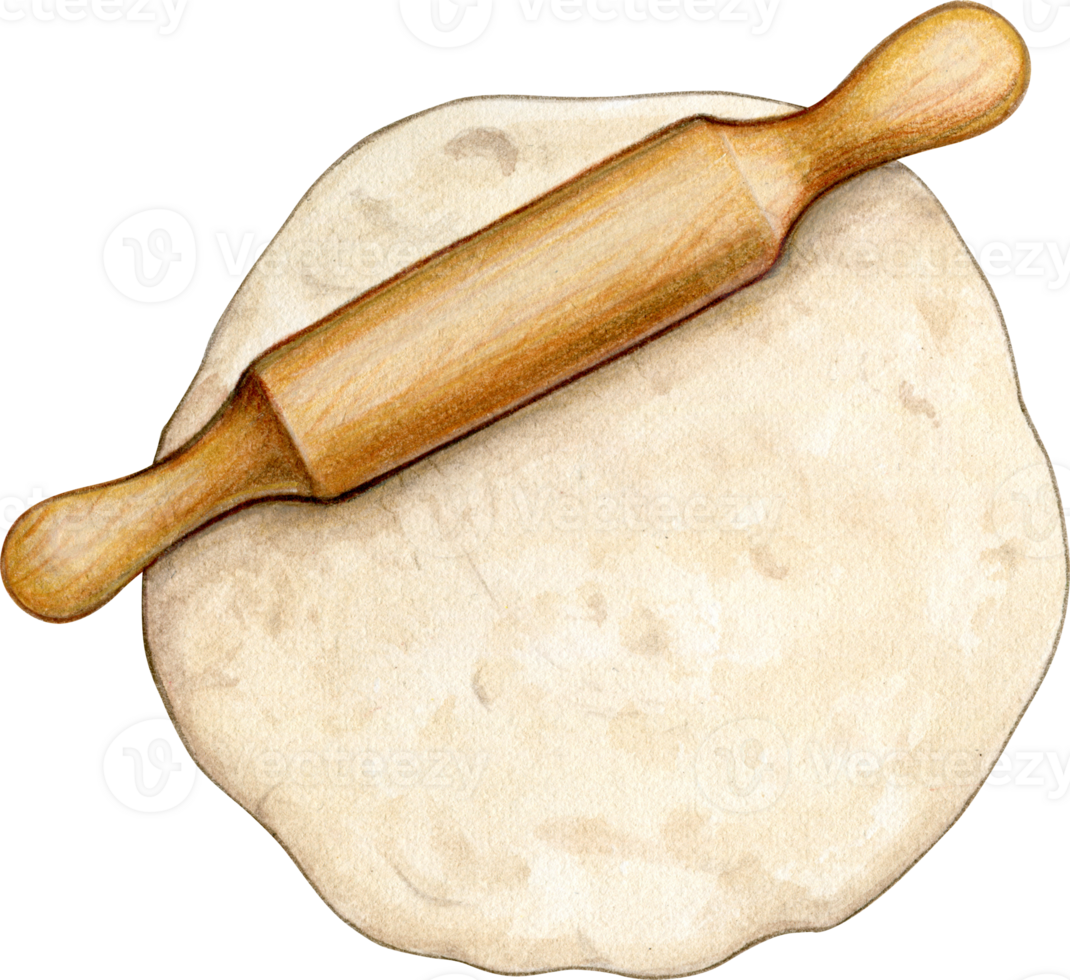 Watercolor hand drawn rolling pin on dough png