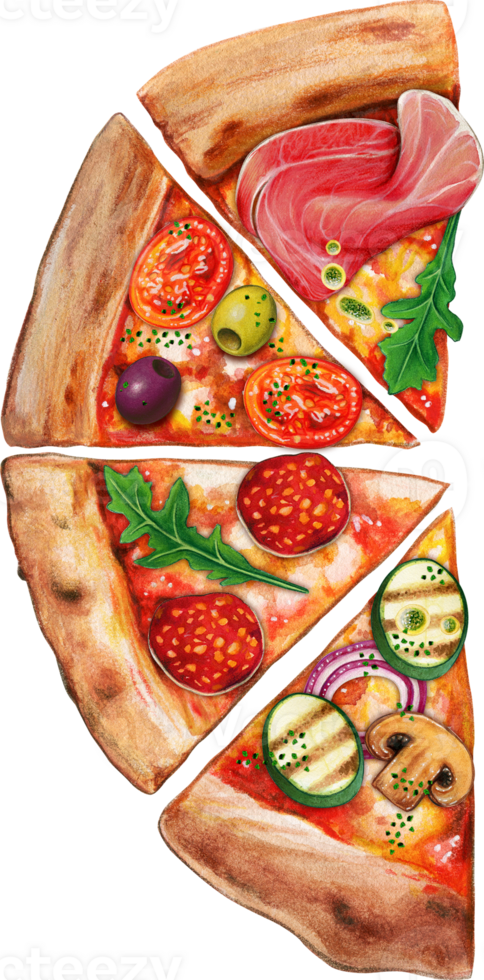 Watercolor hand drawn pizza slices with different toppings png