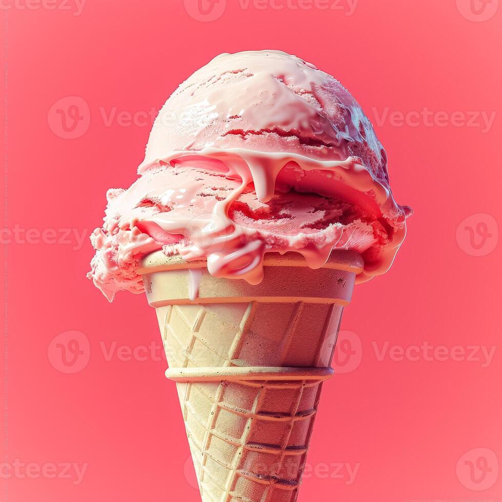 Strawberry ice cream with whipped cream in a cone photo