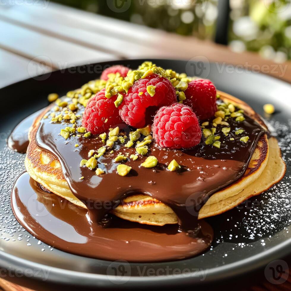 Plate of pancakes with chocolate sauce and raspberries on top photo