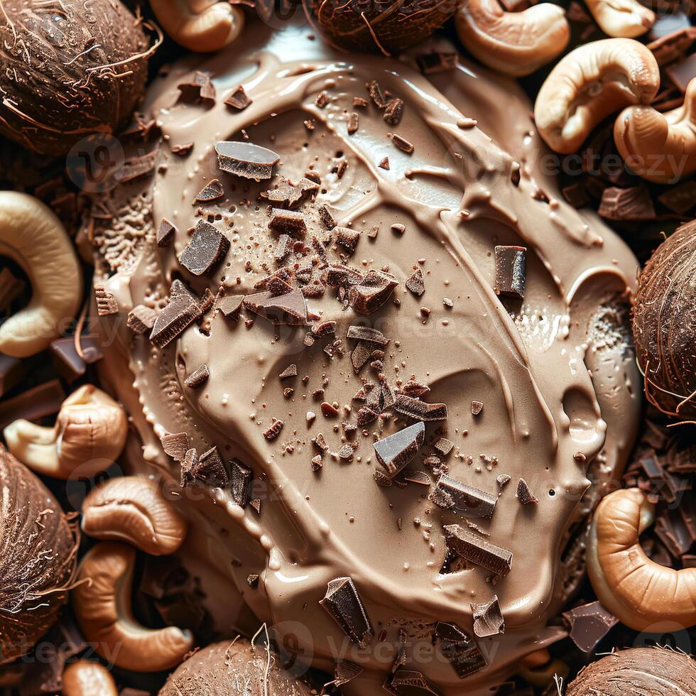 Chocolate ice cream with roasted nuts and chocolate chunks photo