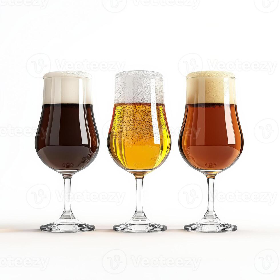 Three glasses of beer are shown, with the middle one being the lightest photo