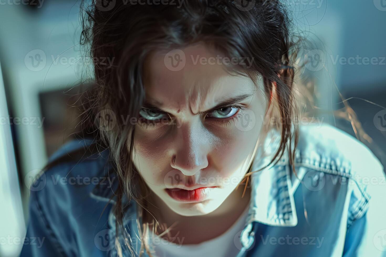Woman with a red nose and angry expression photo
