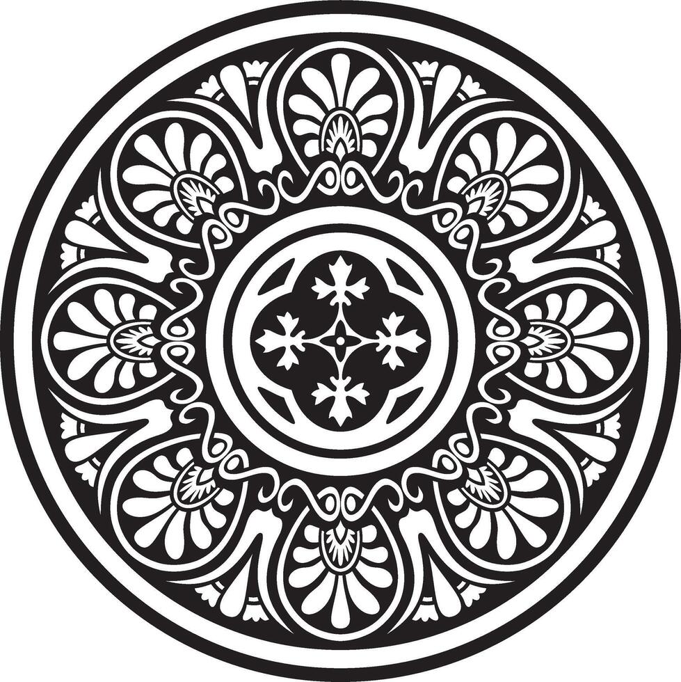 black monochrome classic Greek round ornament. Circle of Ancient Greece and the Roman Empire. Byzantine painting floors and ceiling vector