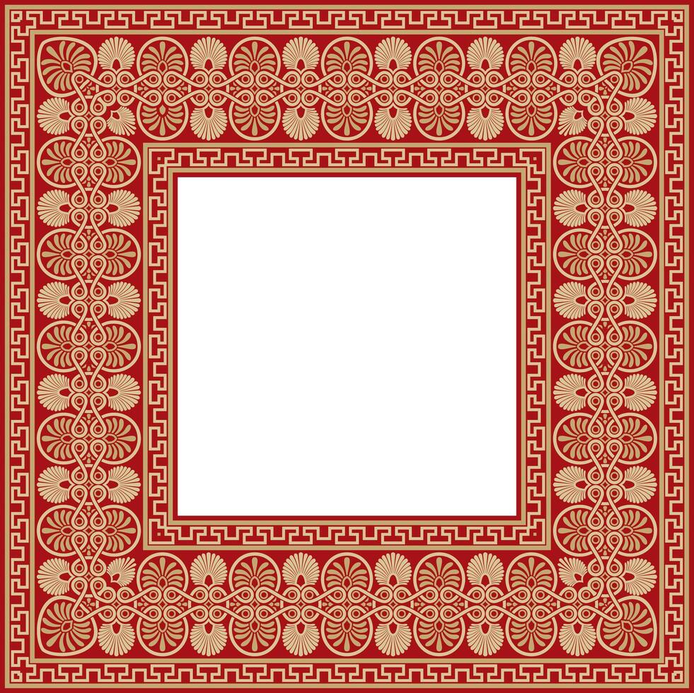 gold with red classic Greek square ornament. Rectangle of Ancient Greece and Roman Empire. Byzantine painting of walls, floors and ceiling vector