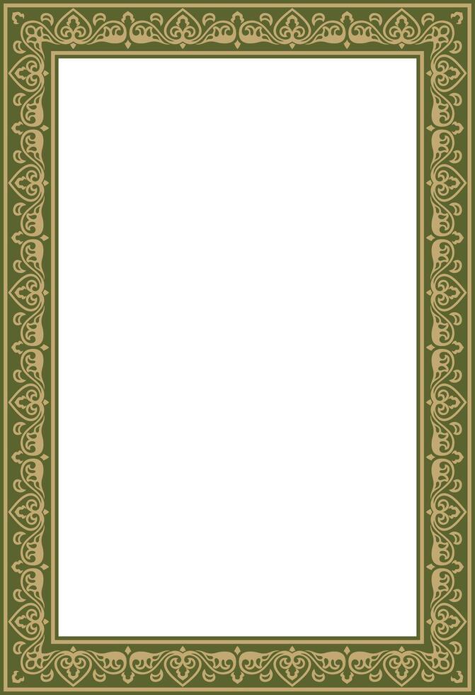 square gold with green ancient Russian ornament. Slavic rectangle, border, frame. Paint of the royal chambers. vector