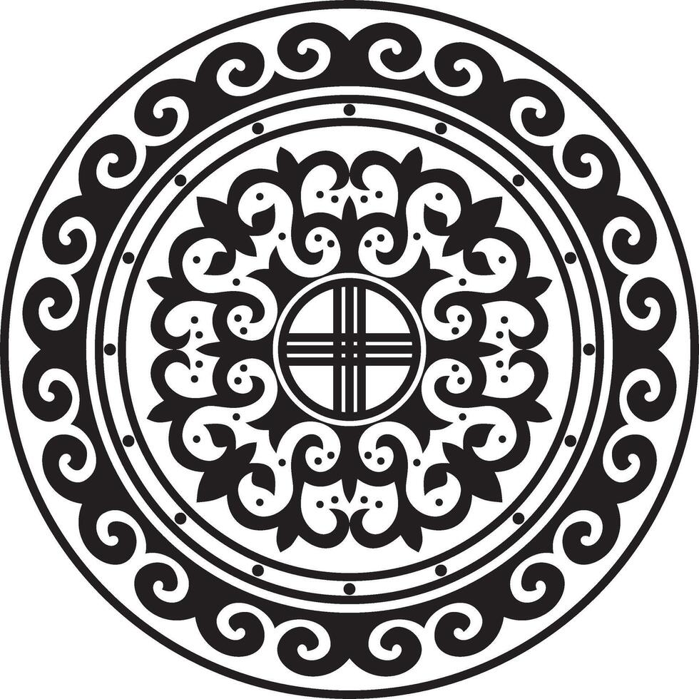 black monochrome round Kazakh national ornament. Ethnic pattern of the peoples of Great Steppe, Mongols, Kyrgyz, Kalmyks, Buryats. circle, frame border vector