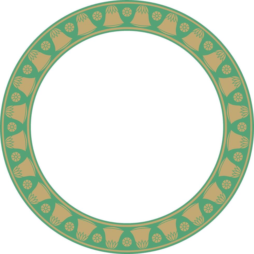 gold with green round Egyptian ornament. Circle, frame, ring of ancient Egypt. Pattern of lotus flowers and sun vector