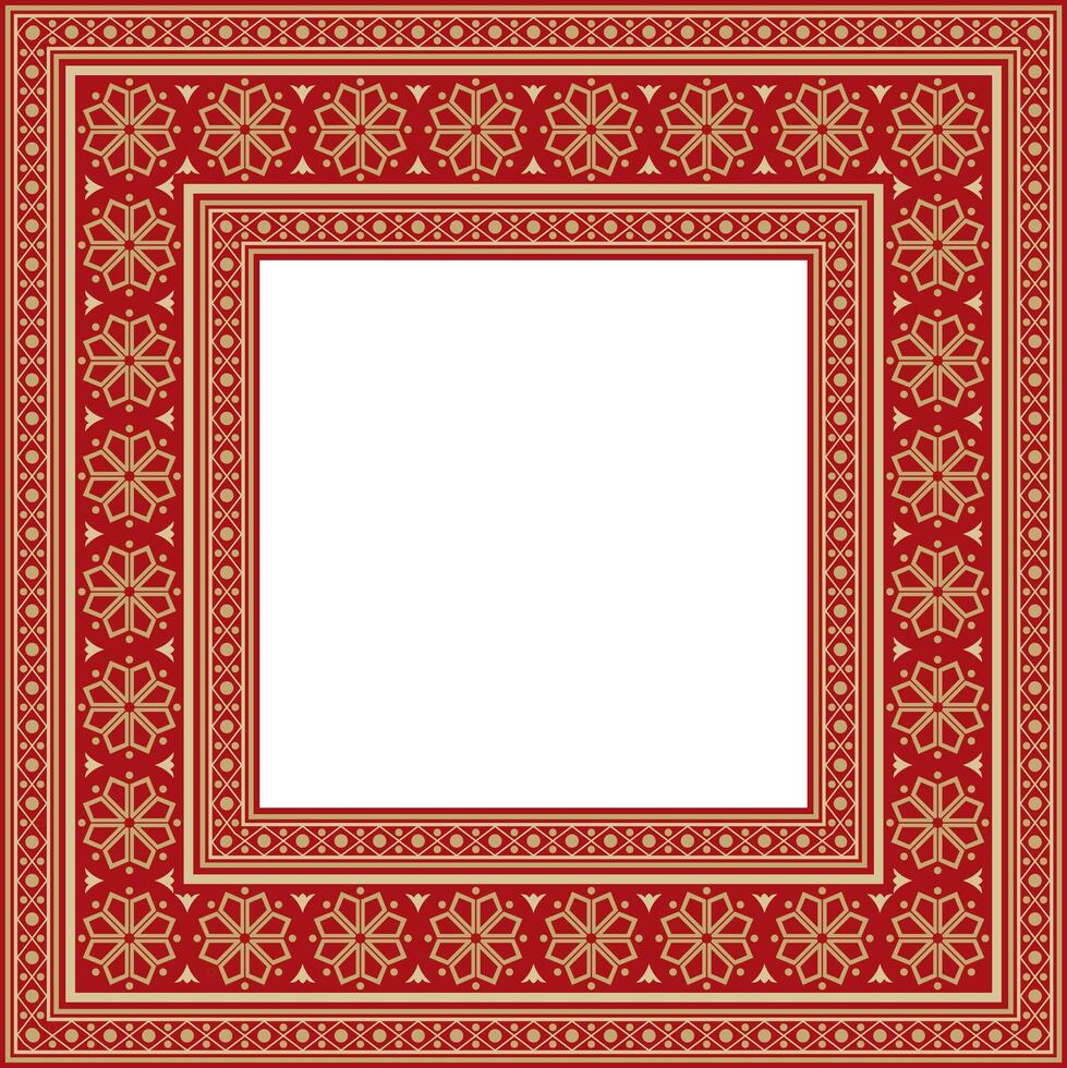 square gold with red ancient Russian ornament. Slavic rectangle, border, frame. Painting of royal chambers. vector