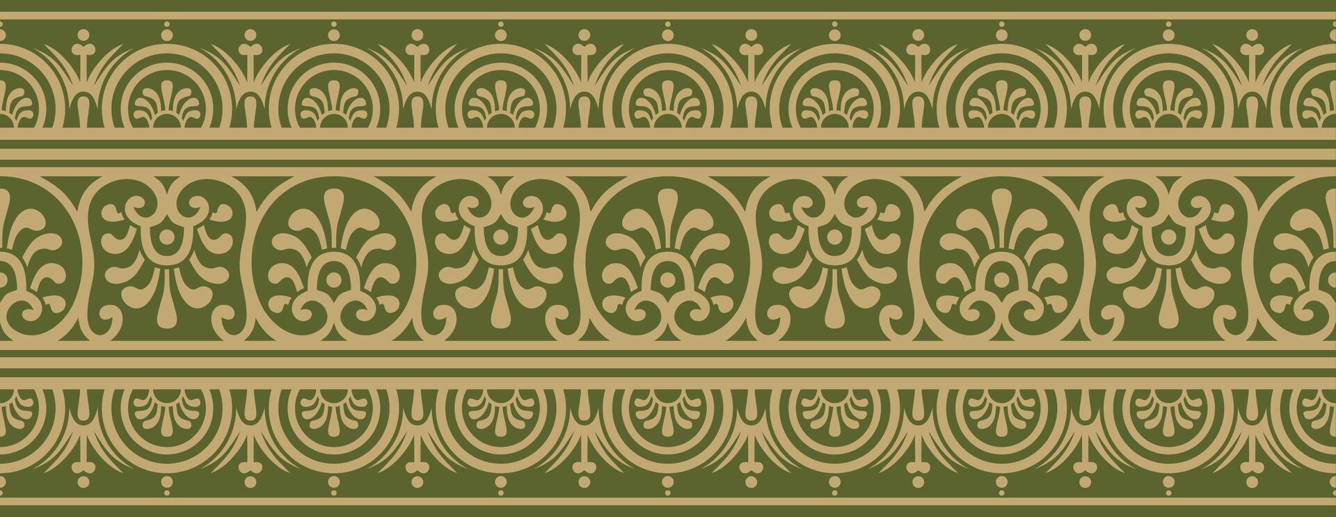 seamless gold with green border, Pompeii frame. Endless Neopolitan ornament. Art Ancient Rome. vector