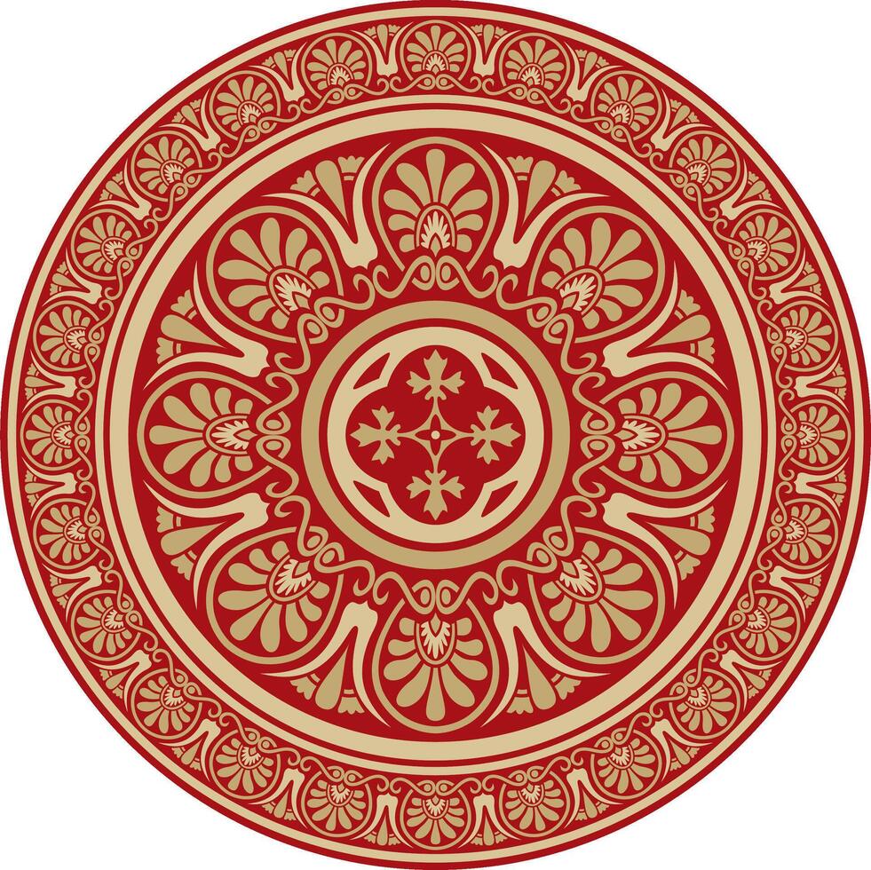 gold with red classic Greek round ornament. Circle of Ancient Greece and the Roman Empire. Byzantine painting of walls, floors and ceilings. Decor of European palaces vector