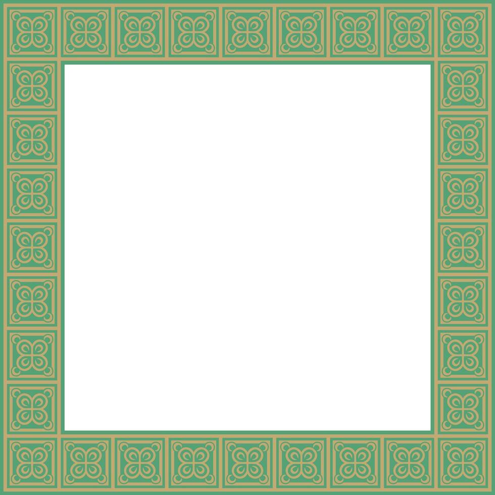 square European gold with green ornament. Rectangular pattern, circle, ring of the Middle Ages. Revival border. Decoration of palaces and churche vector