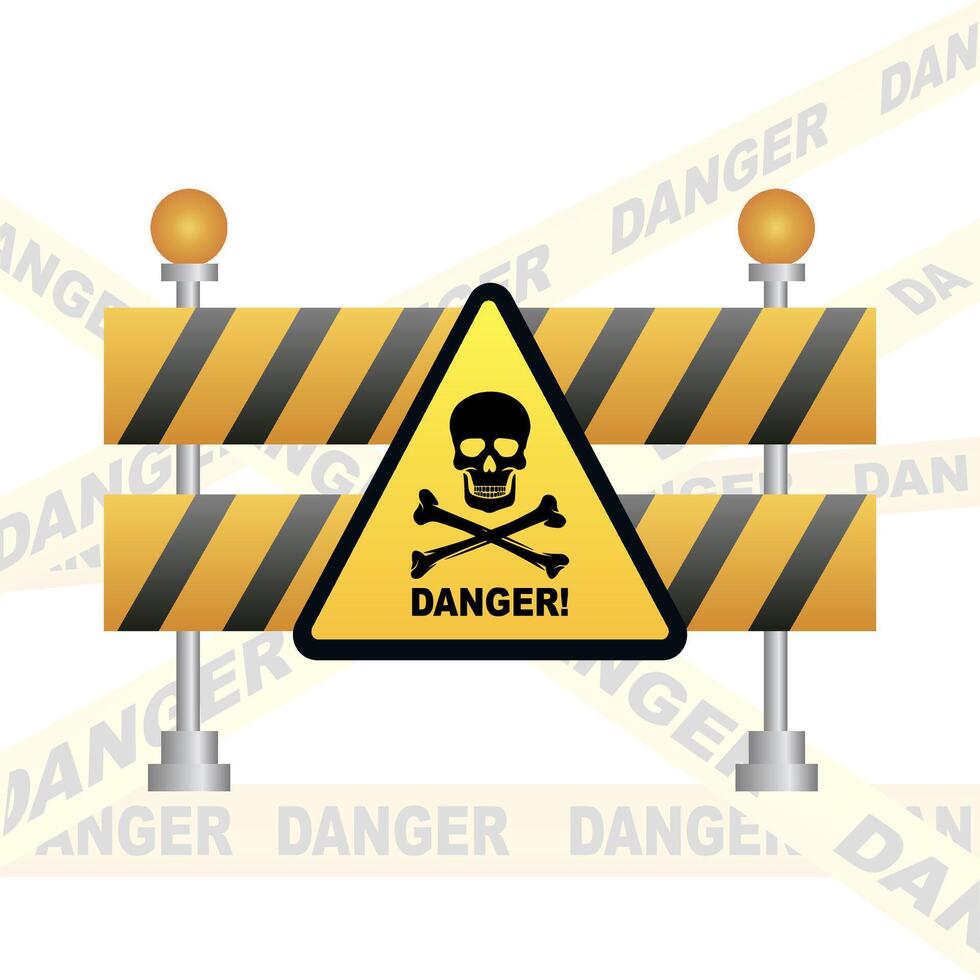 Danger warning sign with skull and crossbones on striped barrier. illustration vector