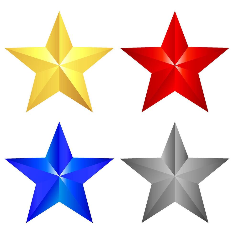 Four glossy three dimensional five pointed stars one gold, one red, one blue and one silver. illustration vector