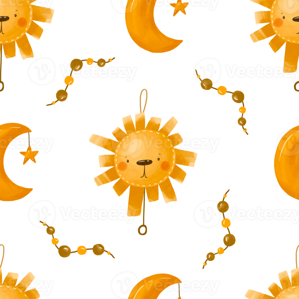 Seamless pattern with baby toy in the shape of a lion. Background for a children's room, bedroom, design for newborns. Hand-drawn illustration watercolor png