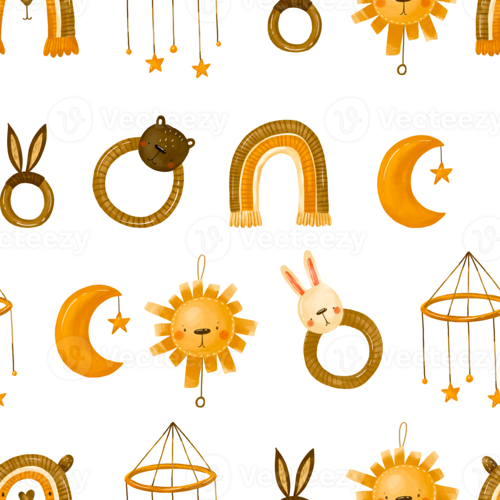 Seamless pattern for newborns. Background for children's party. First year of life. Children's boho toys, teethers for babies animals, rainbow, mobile, lion. Hand drawn illustration watercolor png