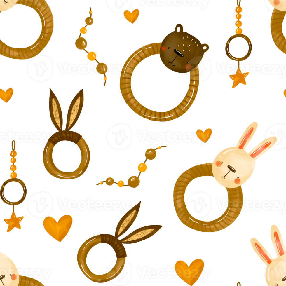 Seamless pattern for newborns. Background for children's party. First year of life. Boho teething toys. Children's accessories. Hand-drawn illustration watercolor png