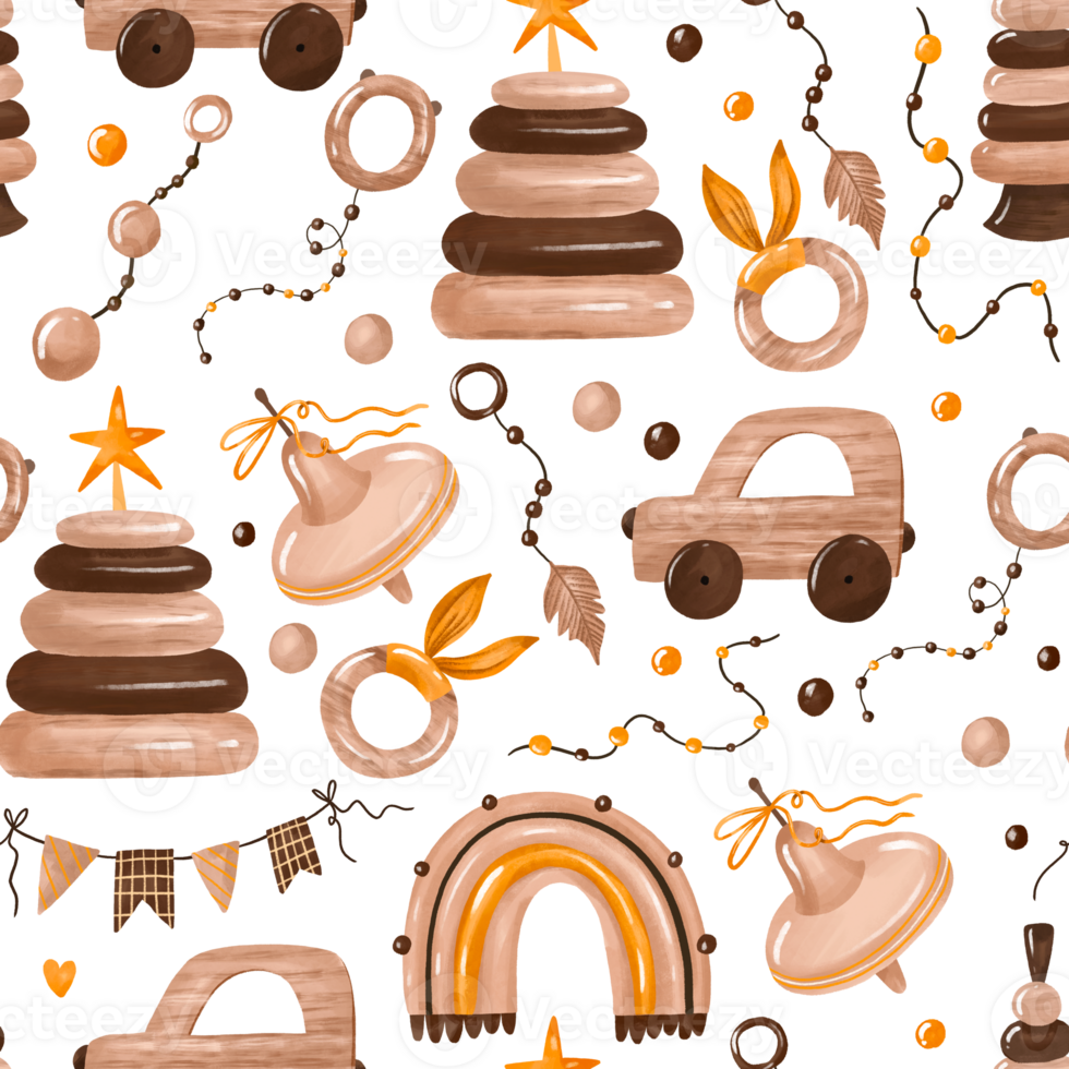 Seamless pattern Wooden toys hand drawn illustration. Cartoon watercolor learning equipment. Toys for early games of children, wood collection of pyramid block cubes, car, rainbow endless background png