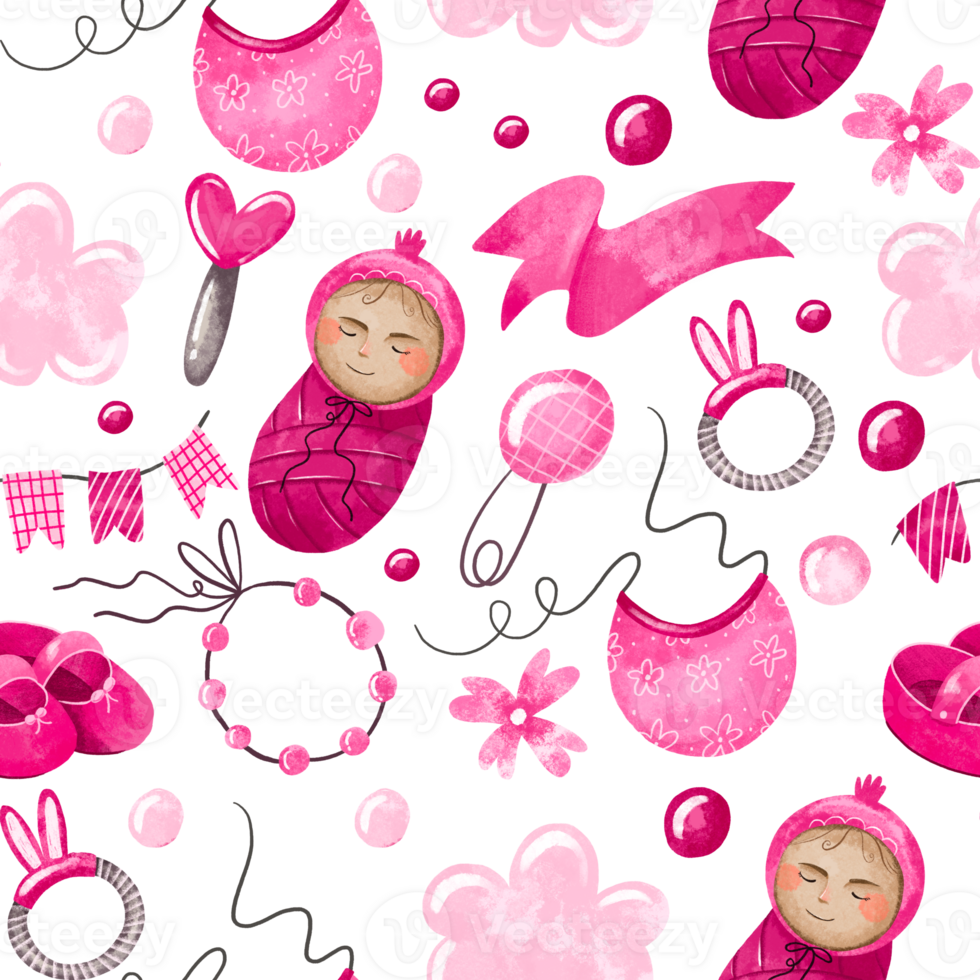 Seamless pattern watercolor hand drawn baby shower for girl with cute babies cloud booties for nursery decor. Perfect for newborn birthday, party, clothing png