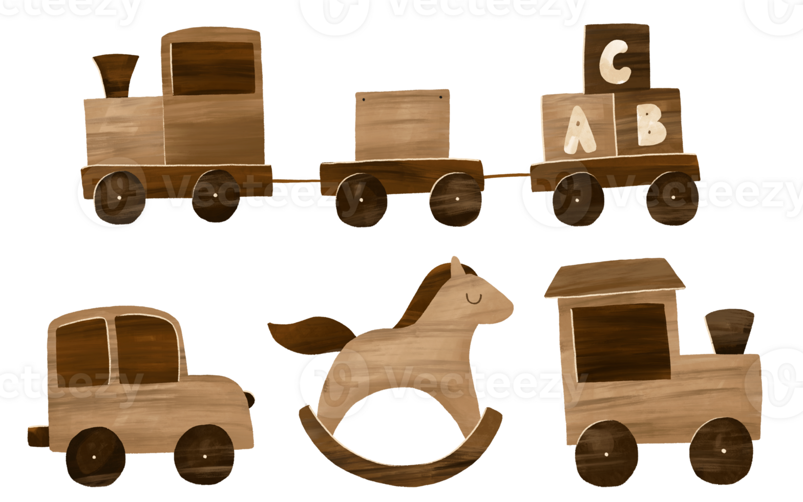 Wooden train transport and cubes, pyramid. Learning and game. Baby toys hand drawn illustration png