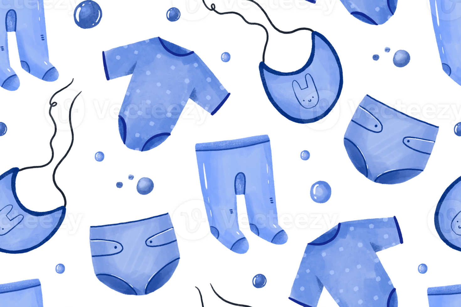 Seamless pattern for baby shower with blue clothes. Its a boy hand drawn background. Birthday png