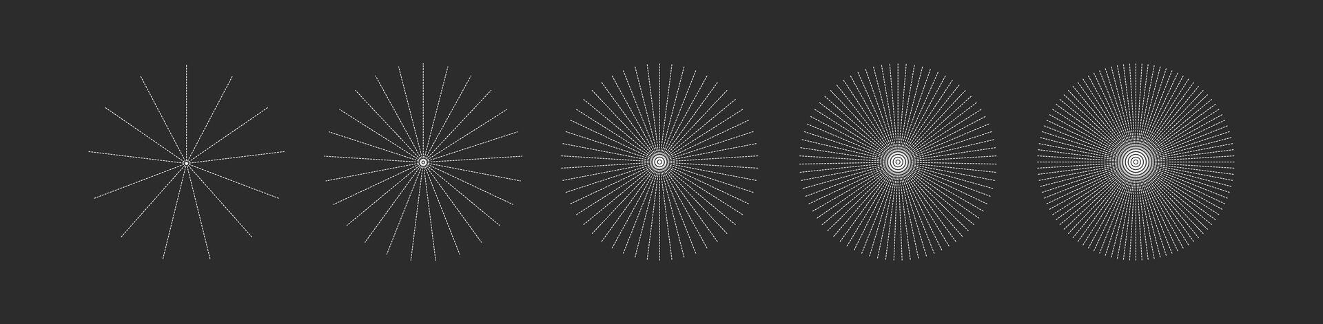 Radial sunburst rays set on dark background. A minimalistic starburst pattern collection with increasing density, perfect for digital scrapbooking, abstract backgrounds, or retro-inspired designs. vector