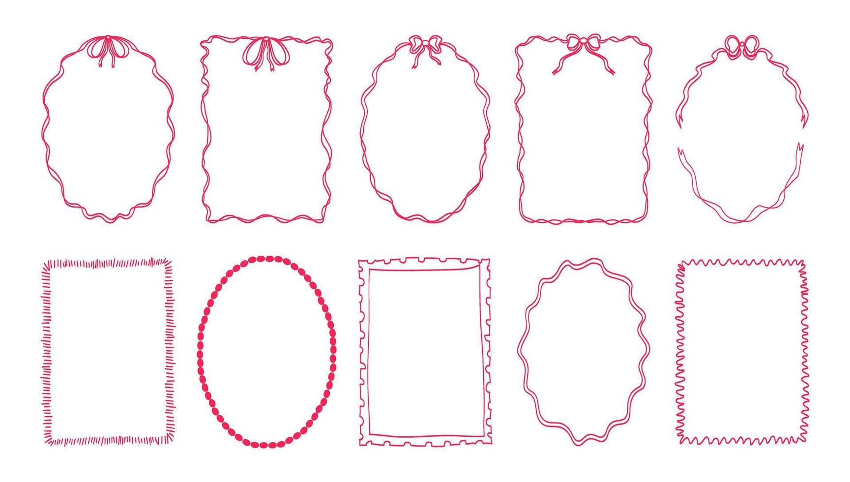 A set of red framed shapes with a bow. The shapes are all different sizes and are arranged in a row vector
