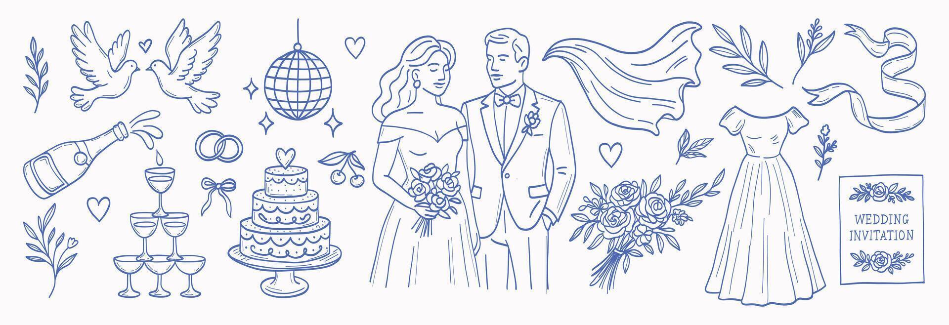The image is a blue and white depiction of a wedding scene. It features a bride and groom, a wedding cake, and a bouquet. The couple is dressed in formal attire, with the groom wearing a suit vector