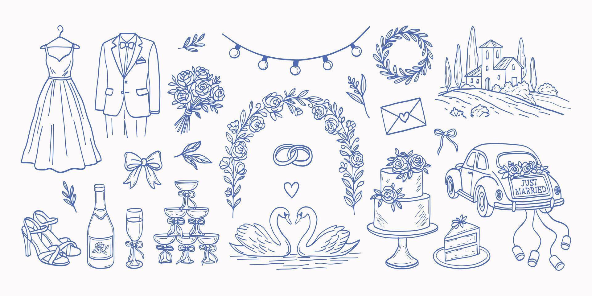 Wedding decorations and attire. The bride and groom are dressed in formal wear. The wedding cake is on a stand. The bride and groom are standing under a wreath. The bride is wearing a dress vector