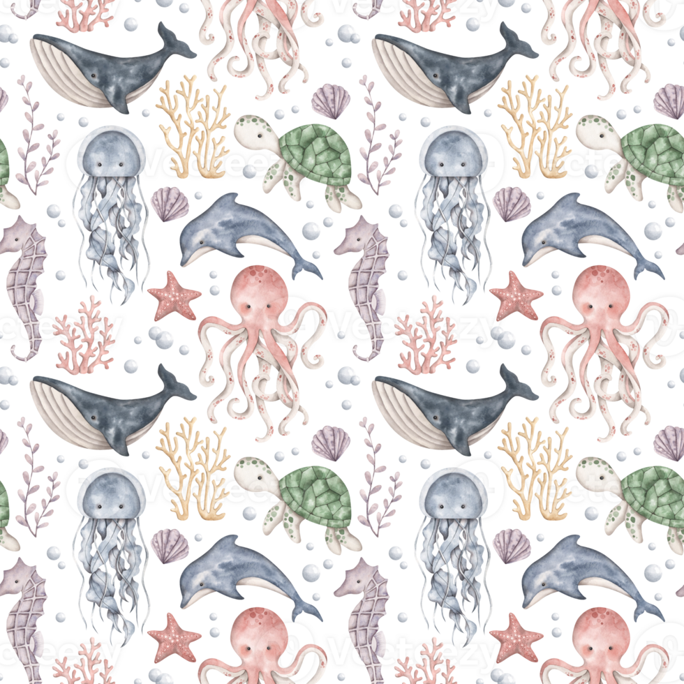 Under the sea. Watercolor hand-drawn seamless pattern with marine animals, plants and bubbles. Life of the underwater world. Cute cartoon print for kids. png
